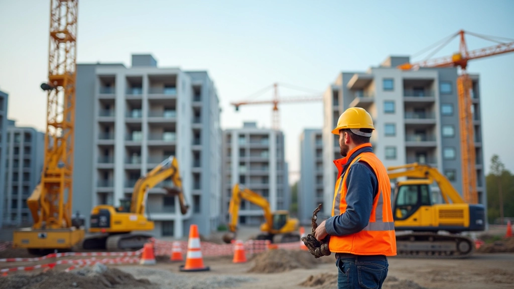 Staveniště v Brně s pracovníky a stavebními stroji