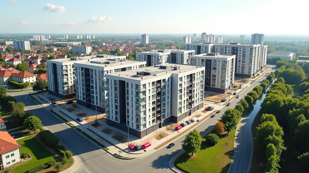 Letecký pohled na staveniště v Brně s několika bytovými domy ve výstavbě, moderní architektura, slunečný den