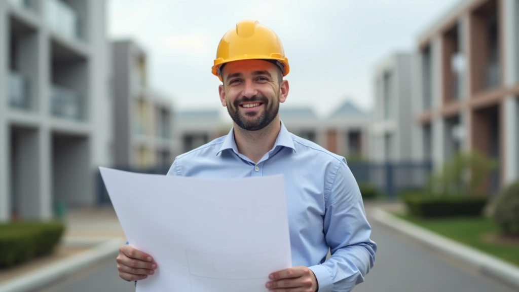 Stavbyňák s projektem v rukou stojící na stavbě bytového domu, moderní kostým, pracovní prvky viditelné