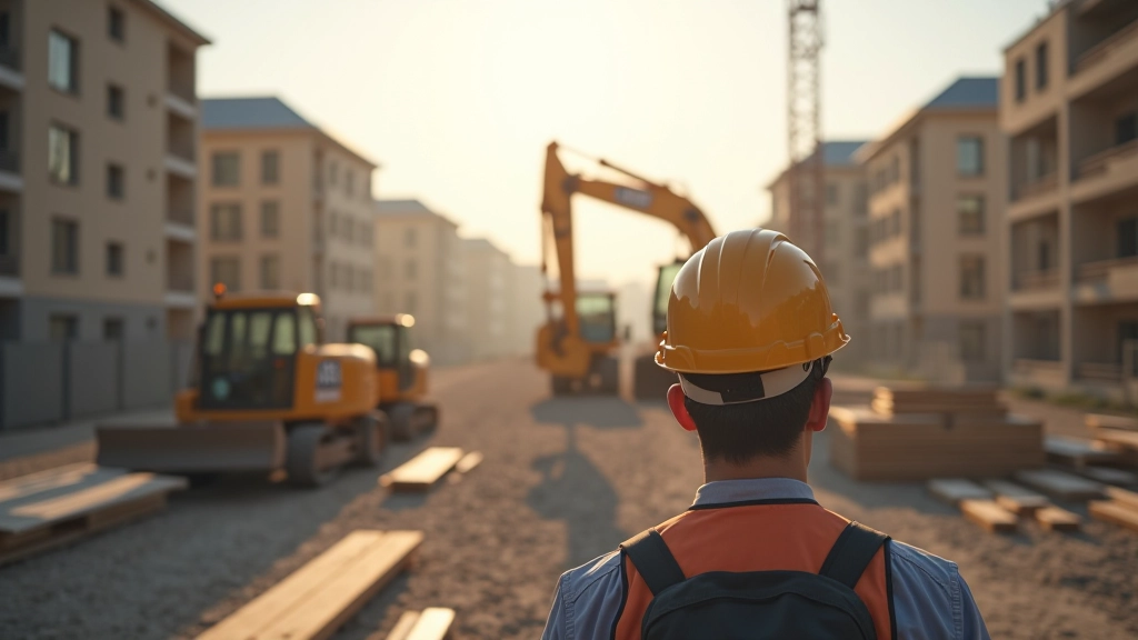 Staveniště s buldozerem a kluči na stůl představující výstavbu bytů