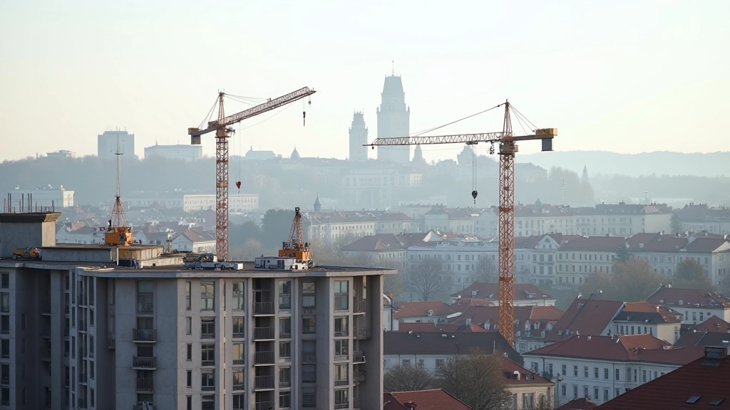 Stavba nového bytového domu v Praze s jeřáby a stavbyništěm