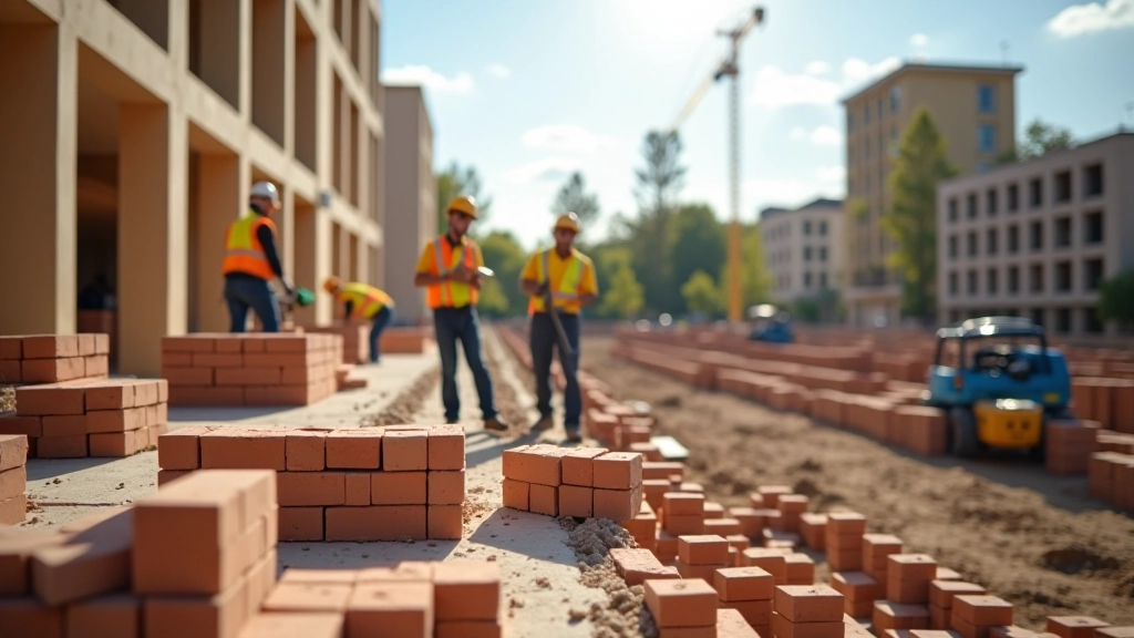Staveniště s pracovníky manipulujícími s stavebními materiály a cihly, slunečné počasí, aktivní stavba