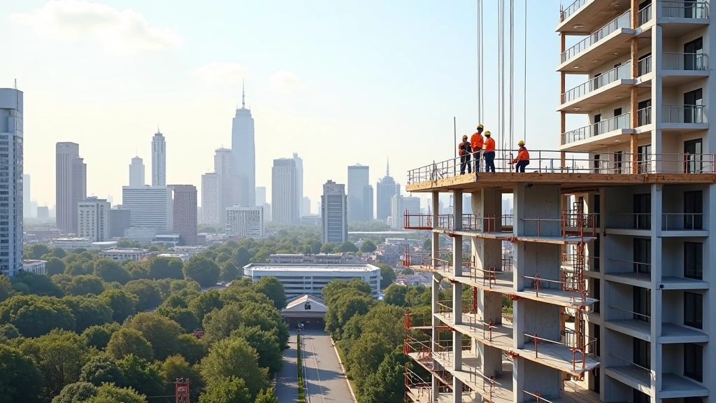 Staveniště s pracovníky staví nový rezidenci v městském prostředí
