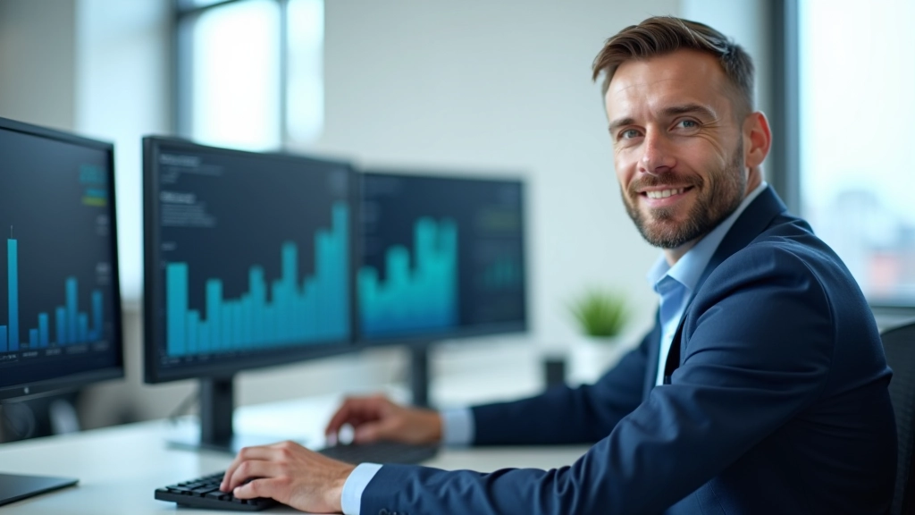 Analytik prohlížející data o cenách nemovitostí na velkém monitoru