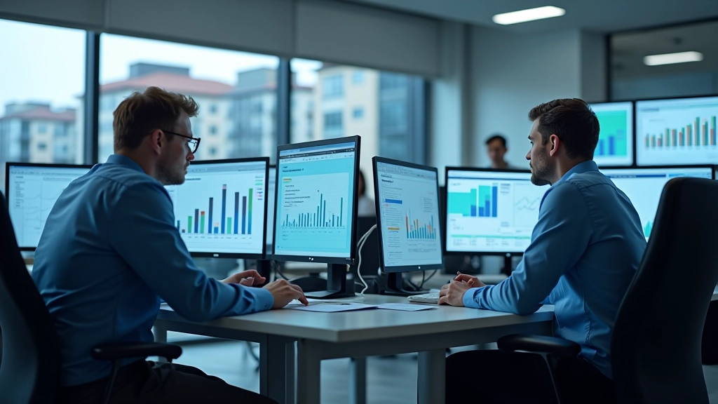 Pracovníci analyzující data trhu nemovitostí v kancelářském prostředí