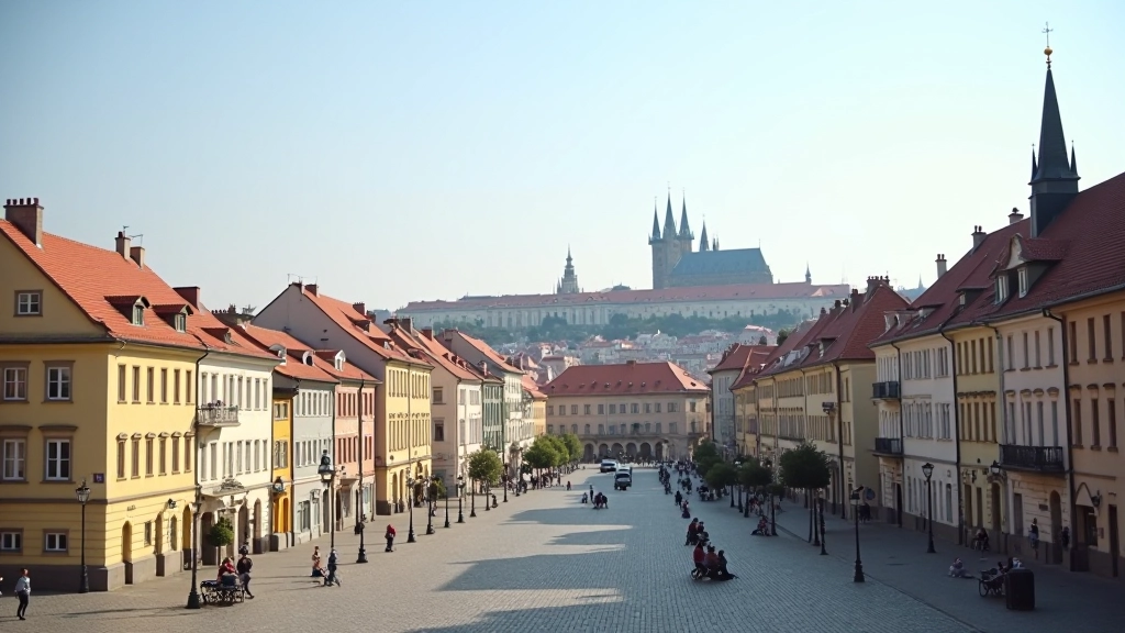 Panorama centra Prahy se Zlatou Prahou a budovami nových apartmánů